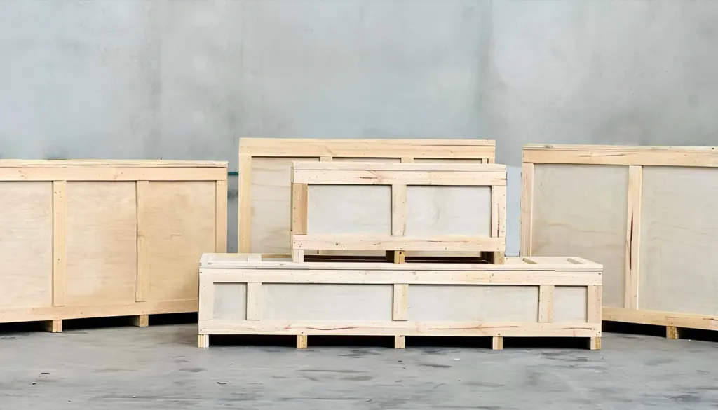 Zestaw zamkniętych skrzyń transportowych drewnianych z pełnymi ścianami i certyfikatem IPPC do eksportu.