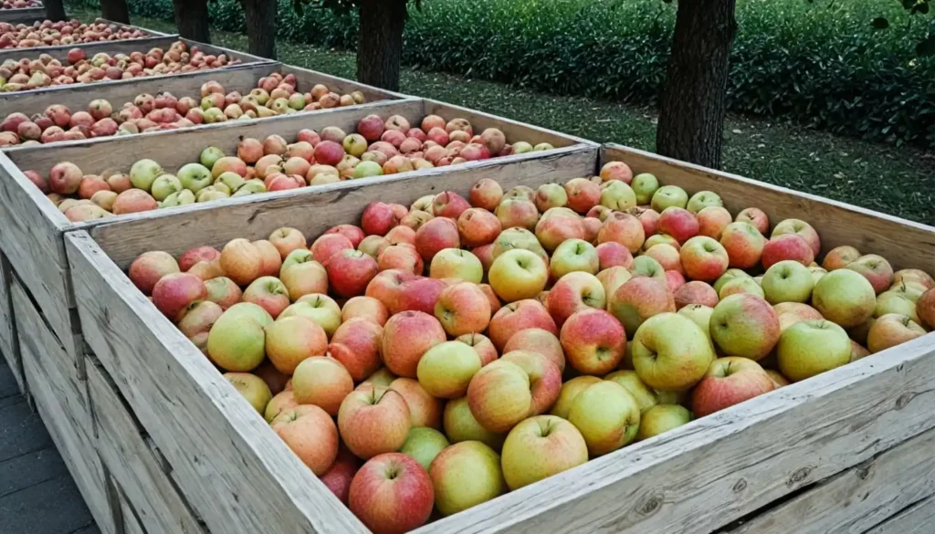 Skrzyniopalety na owoce wypełnione świeżymi jabłkami ustawione w rzędach w sadzie podczas zbiorów.