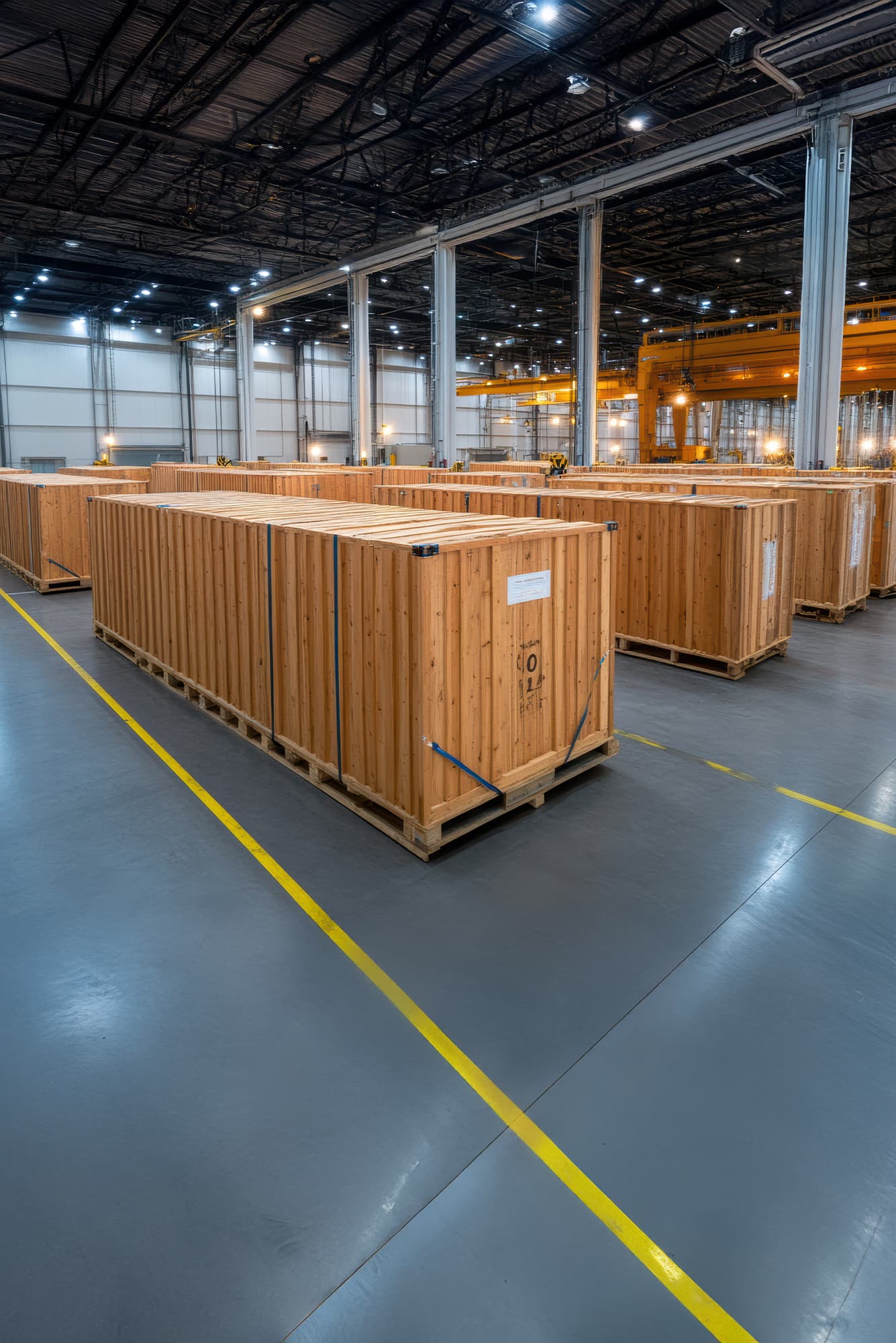 Drewniane skrzynie transportowe wielkogabarytowe ustawione w rzędach w centrum logistycznym, gotowe do wysyłki.