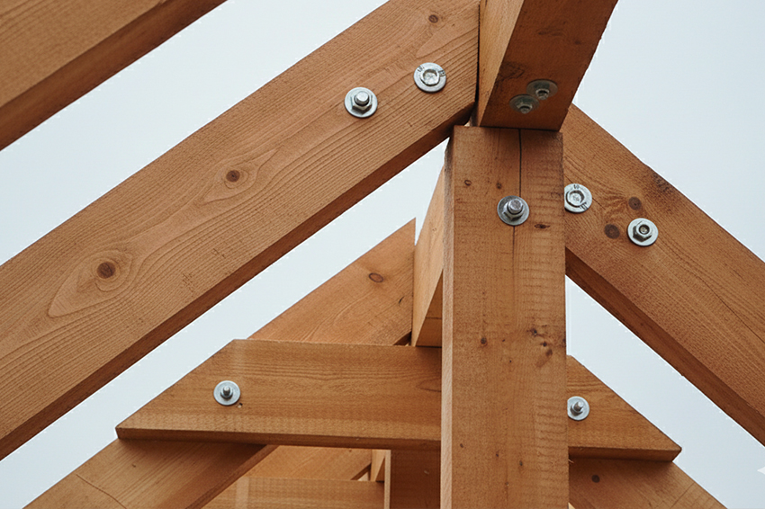 Jętki i kleszcze wzmacniające konstrukcję krokwiową na poddaszu użytkowym.