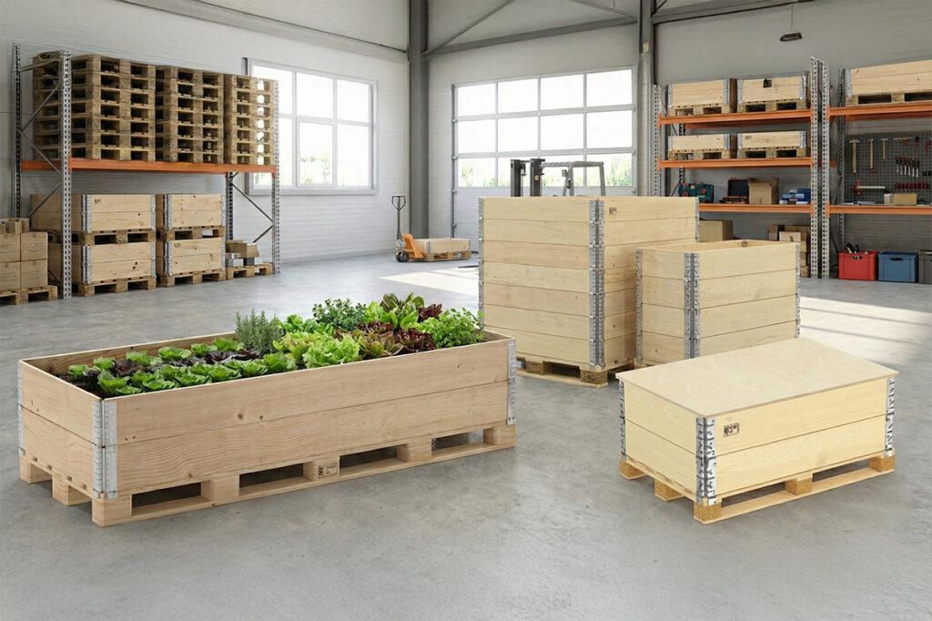 Opakowania drewniane w formie nadstawek paletowych wykorzystane jako skrzynie magazynowe oraz donice na rośliny.