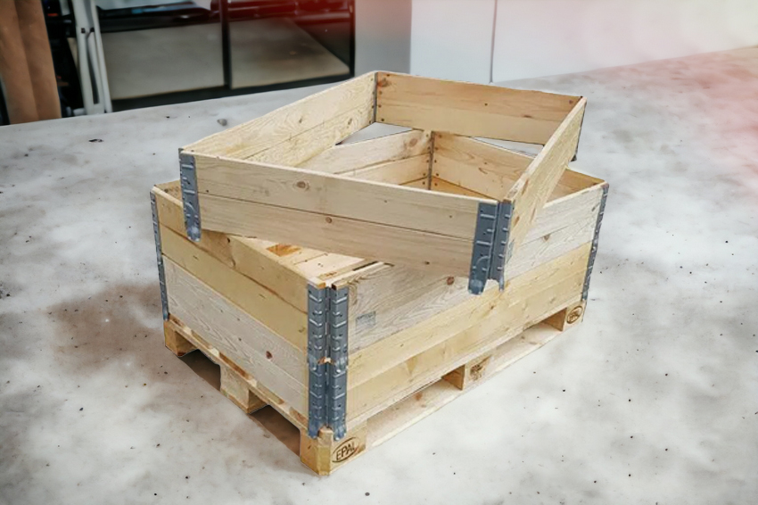 Drewniane nadstawki paletowe EPAL 1200x800 zamontowane na europalecie, tworzące skrzynię