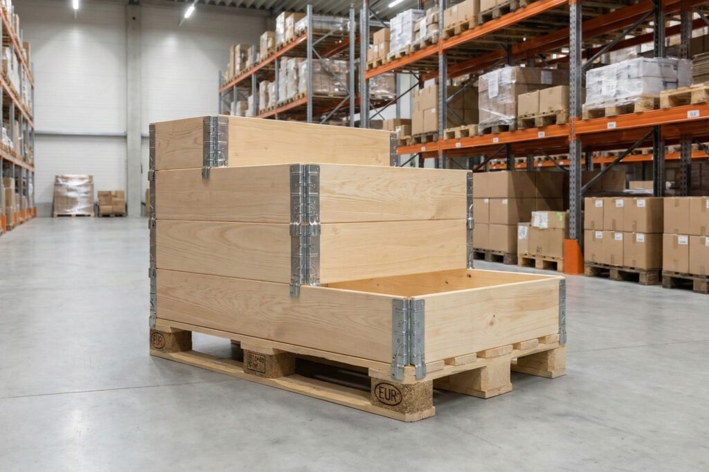 Nowoczesne opakowania drewniane: cztery nadstawki paletowe ułożone kaskadowo na palecie EUR w hali magazynowej.