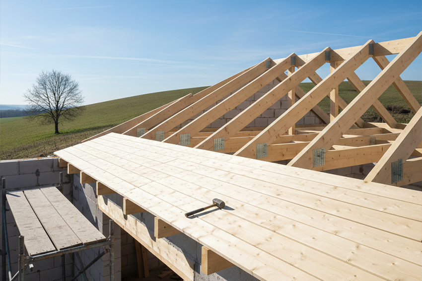 Proces układania pełnego deskowania dachu z desek iglastych o grubości 25 mm pod papę i gonty.