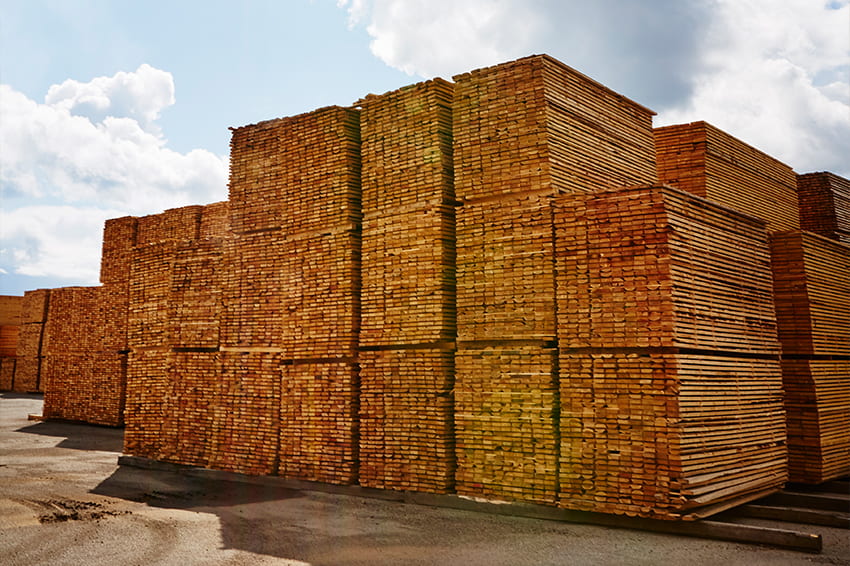 Duże sztaple desek tarcicy iglastej ułożone na placu magazynowym tartaku, gotowe do transportu.